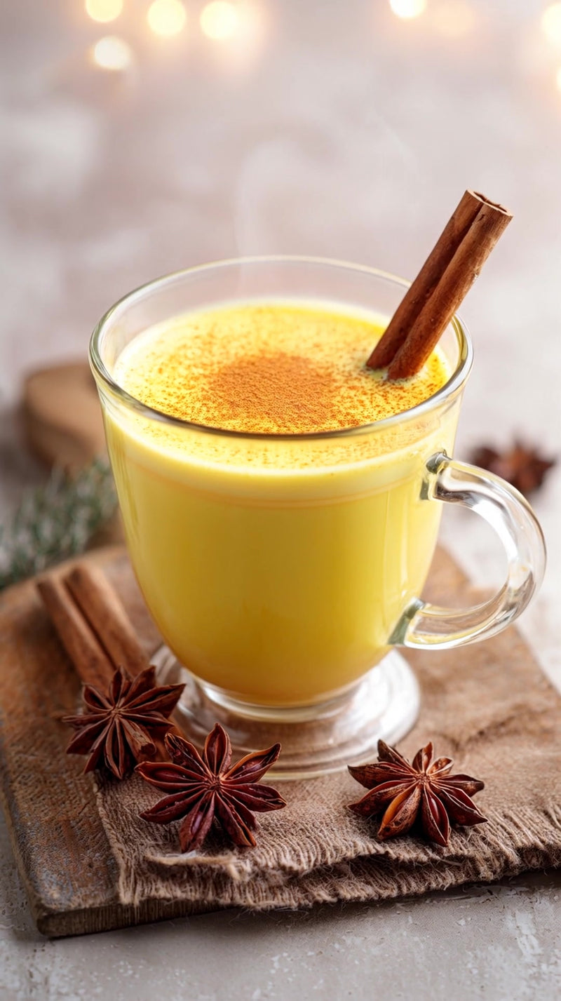 a glass mug filled with a yellow liquid garnished with cinnamon and placed on a wooden surface - Stock Video