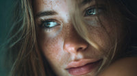 a close up portrait of a woman with freckles captured in a soft focus shot against a blue background - Stock Video