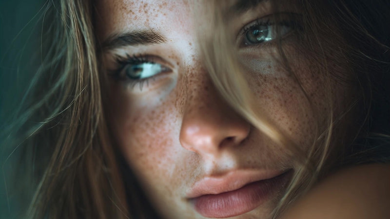 a close up portrait of a woman with freckles captured in a soft focus shot against a blue background - Stock Video