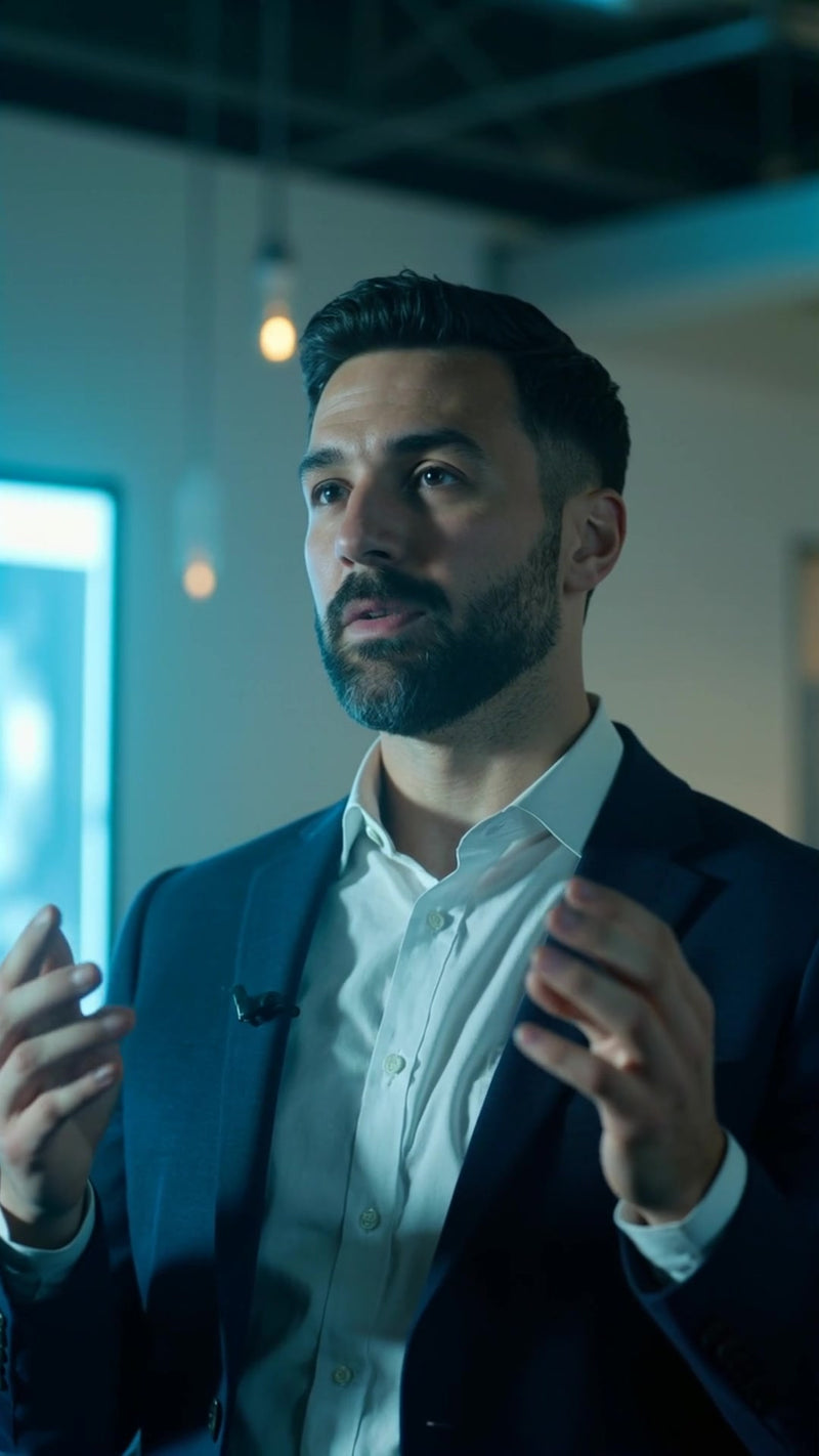 a man in a suit stands at an event gesturing with his hands while speaking to an audience - Stock Video