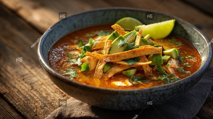 A Bowl Of Tasty Mexican Soup With Chips And Lime On A Wooden Table — Stock Photo