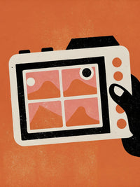 A Camera With A View Showcasing An Image Of Mountains And Hills Through Its Lens — Stock Illustration