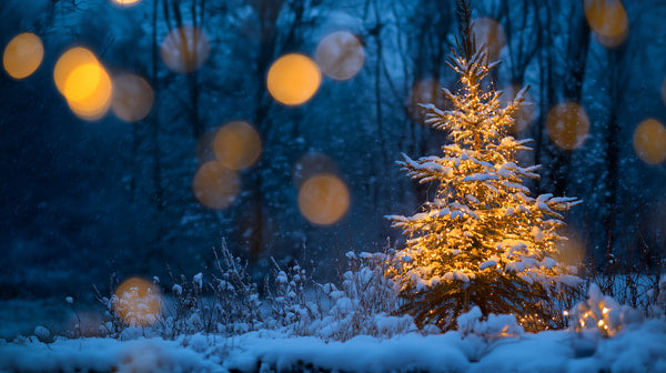 A Small Lit Christmas Tree Stands Amidst A Snowy Forest With Bokeh Lights In The Background — Stock Photo