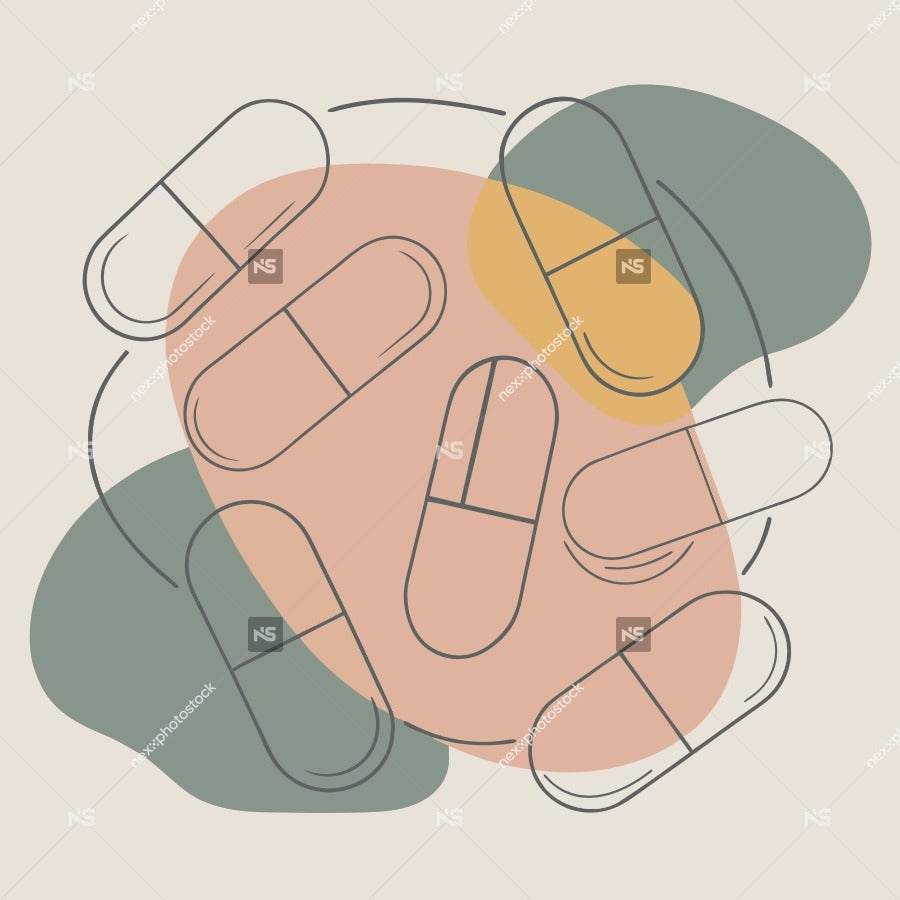 Colorful Illustration Of Multiple Pills In A Circular Arrangement With A Central Pill And A Smaller Pill On Top — Stock Vector
