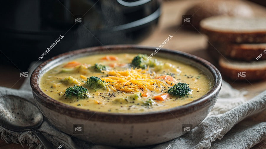 A Bowl Of Creamy Broccoli Soup With Bread On The Side Placed On A Table — Stock Photo