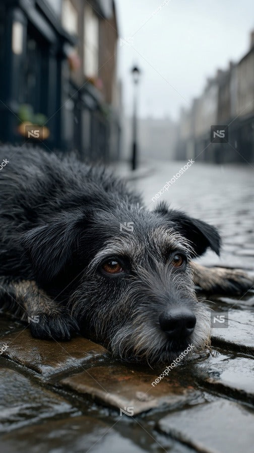 A Dog Lying On A Brick Sidewalk In The Rain — Stock Photo