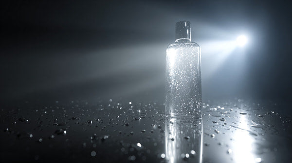 Features A Clear Bottle Filled With Glittering Substance Placed On A Reflective Surface Under Soft Lighting — Stock Photo