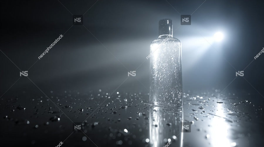 Features A Clear Bottle Filled With Glittering Substance Placed On A Reflective Surface Under Soft Lighting — Stock Photo