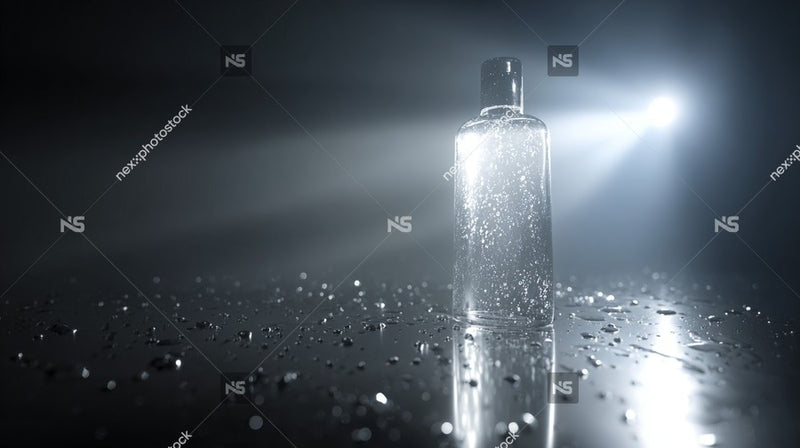 Features A Clear Bottle Filled With Glittering Substance Placed On A Reflective Surface Under Soft Lighting — Stock Photo