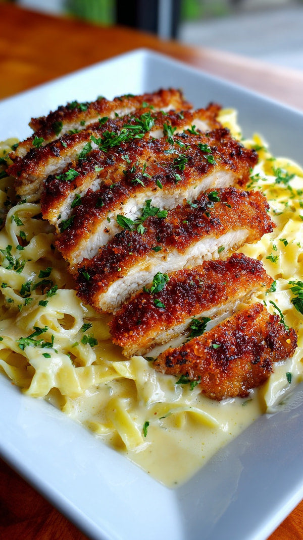 A Plate Of Chicken Parmesan With Macaroni And Cheese Garnished With Herbs Served On A White Plate — Stock Photo