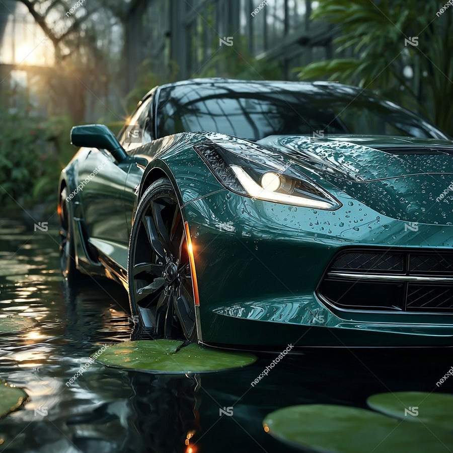 A Green Sports Car Parked In A Flooded Parking Lot With Water Reaching Halfway Up Its Wheels — Stock Photo