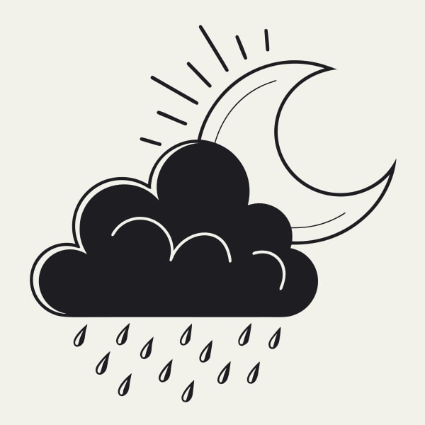 Black And White Illustration Of A Cloudy Night Sky With Raindrops Falling A Full Moon And A Dark Silhouette Of A Tree — Stock Vector