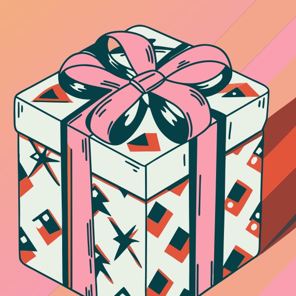 A Colorful Gift Box With A Pink Ribbon A Patterned Design And A Large Bow On Top Set Against A Vibrant Background — Stock Vector