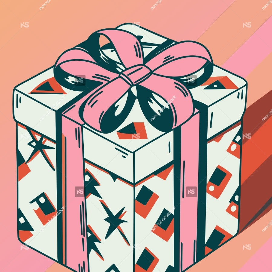 A Colorful Gift Box With A Pink Ribbon A Patterned Design And A Large Bow On Top Set Against A Vibrant Background — Stock Vector