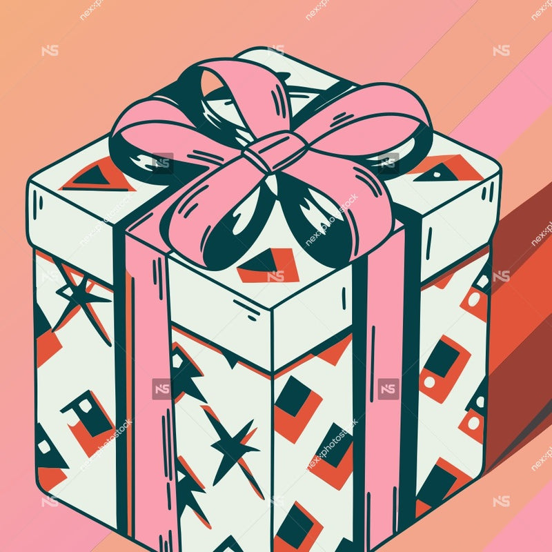A Colorful Gift Box With A Pink Ribbon A Patterned Design And A Large Bow On Top Set Against A Vibrant Background — Stock Vector