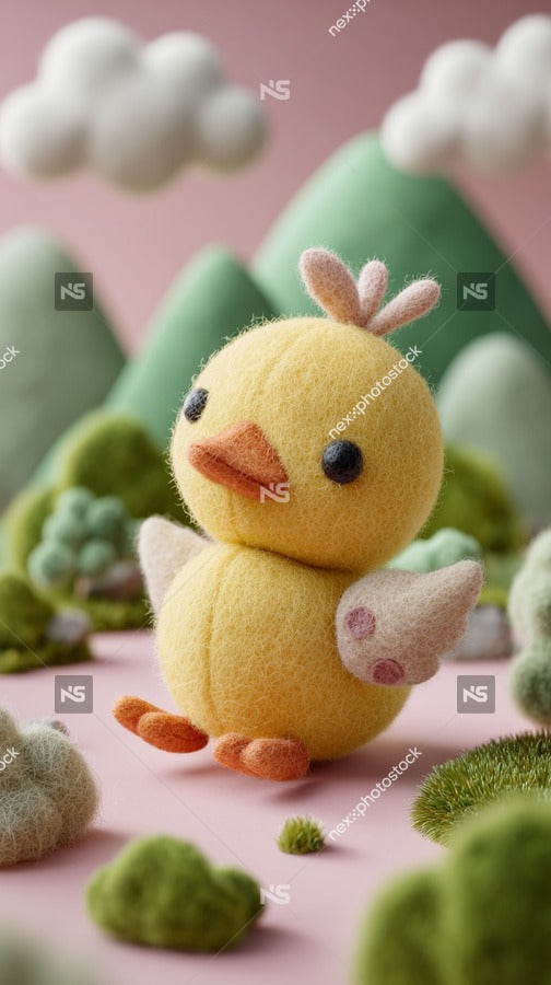 A Cute Yellow Rubber Duck With Pink Wings Standing On A Pink Surface Surrounded By Green Plants And Rocks — Stock Photo