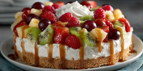 A Delicious Fruit Tart With Whipped Cream Topped With A Variety Of Fresh Fruits And Garnished With A Drizzle Of Caramel Sauce — Stock Photo