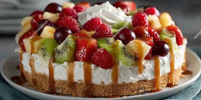 A Delicious Fruit Tart With Whipped Cream Topped With A Variety Of Fresh Fruits And Garnished With A Drizzle Of Caramel Sauce — Stock Photo