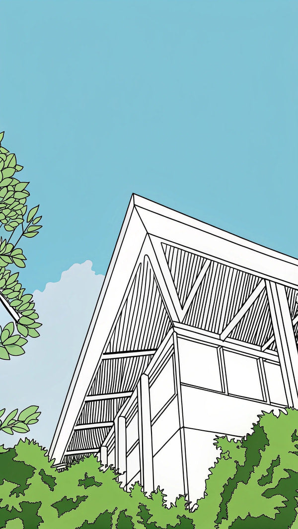 Architectural Building With A Flat Roof And Large Windows Set Against A Clear Blue Sky — Stock Illustration