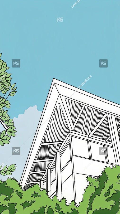 Architectural Building With A Flat Roof And Large Windows Set Against A Clear Blue Sky — Stock Illustration