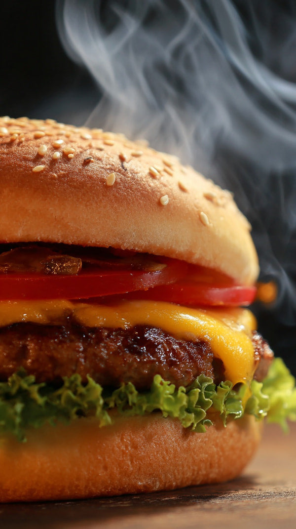 Displays A Close Up View Of A Hamburger On A Bun With Visible Toppings Including Cheese And Tomato — Stock Photo