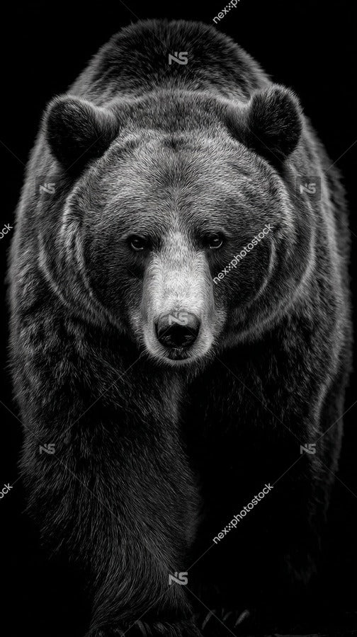 Grizzly Bear Portrait In Black And White Showcasing The Majestic Creature From A Side Angle Against A Dark Background — Stock Photo