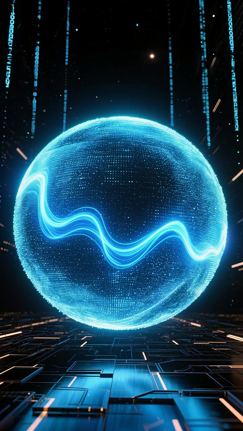 a large glowing blue orb floating in a futuristic cyber space environment with digital background elements and neon lights - Stock Video