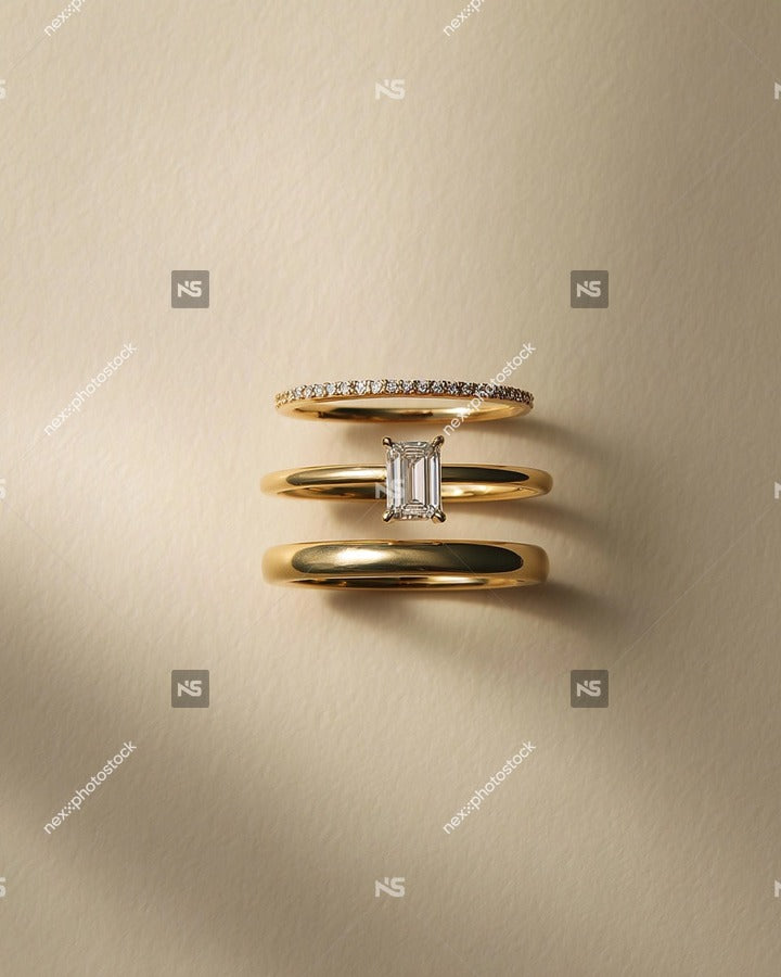A Gold Engagement Ring Set With Diamond Accents Showcasing A Pair Of Rings On A Light Background — Stock Photo