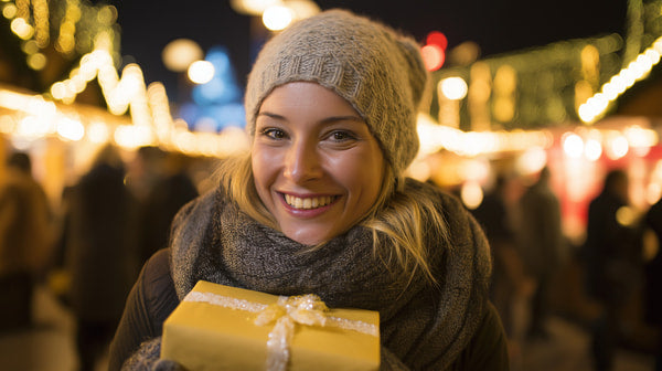 A Woman Holding A Gift In A Bustling Night Market Surrounded By Colorful Lights And Festive Decorations — Stock Photo