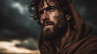 A Bearded Man In A Robe Portrayed With A Expression Against A Sky Background — Stock Photo