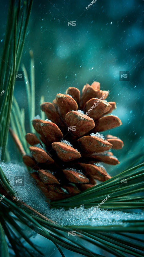 A Pine Cone With Snow On It Set Against A Background Of Pine Needles And A Blue Sky — Stock Photo
