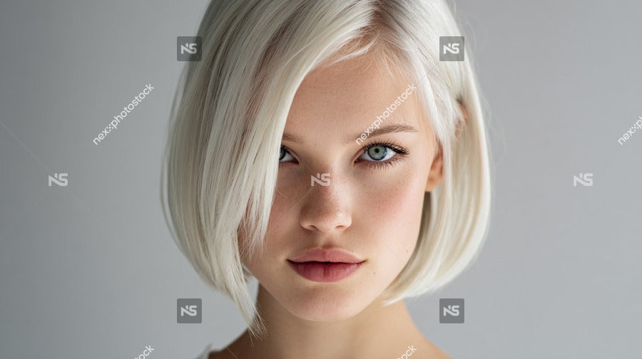 A Woman With Blonde Hair And A Short Bob Is Captured In This Portrait Set Against A White Background — Stock Photo
