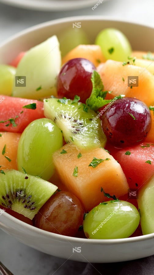 A Bowl Of Fresh Fruit Salad Including Grapes Melon And Kiwi With A Sprig Of Mint On Top — Stock Photo