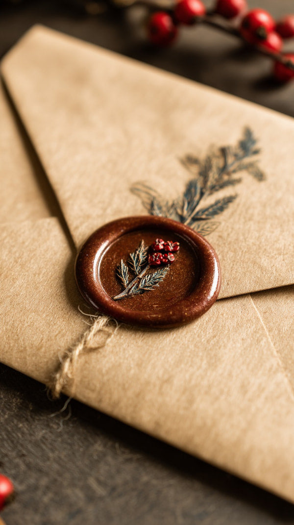 A Christmas Greeting Card A Pine Cone Seal Placed On A Wooden Table With A Red Berry Garland In The Background — Stock Photo