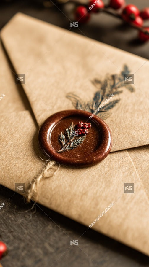 A Christmas Greeting Card A Pine Cone Seal Placed On A Wooden Table With A Red Berry Garland In The Background — Stock Photo