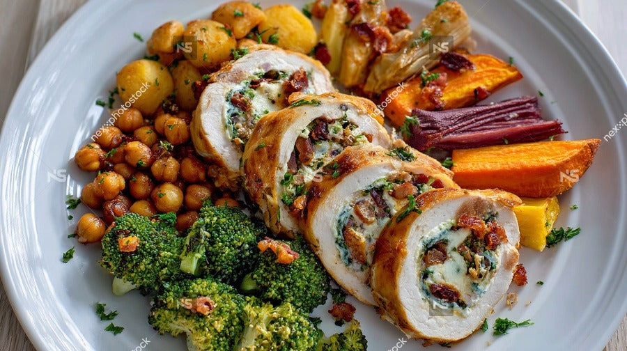 A Plate Of Roasted Chicken And Vegetables Including Carrots And Potatoes Served On A White Plate — Stock Photo