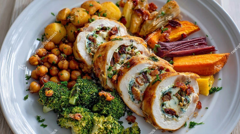 A Plate Of Roasted Chicken And Vegetables Including Carrots And Potatoes Served On A White Plate — Stock Photo