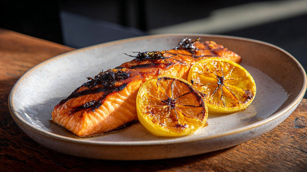 Displays A Culinary Scene A Grilled Salmon Dish With A Citrus Garnish On A Wooden Table — Stock Photo