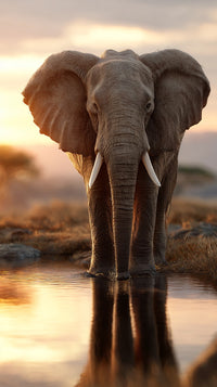 An Elephant Standing In A Body Of Water During Sunset With A Backdrop Of Mountains And A Clear Sky — Stock Photo