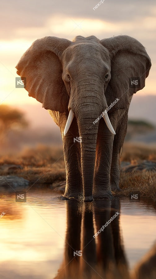 An Elephant Standing In A Body Of Water During Sunset With A Backdrop Of Mountains And A Clear Sky — Stock Photo