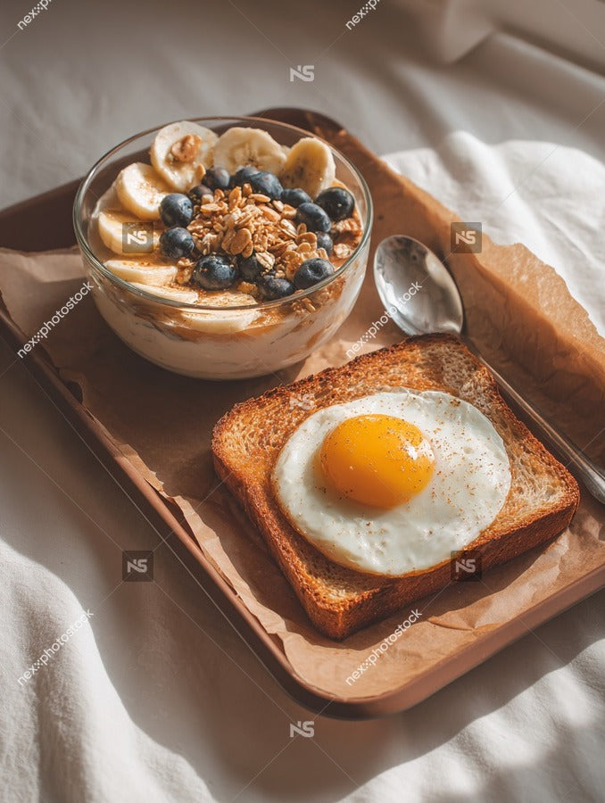 A Breakfast Tray With A Poached Egg Blueberries And Granola On A Wooden Surface — Stock Photo