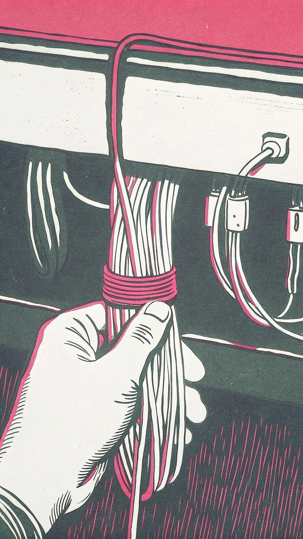 An Illustration Of A Person Holding An Electrical Cord With Red Tape Wrapped Around It Set Against A Dark Background — Stock Illustration