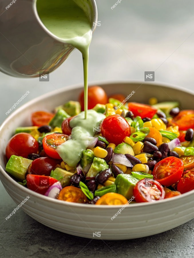 A Bowl Of Colorful Salad With A Drizzle Of Dressing Served On A Gray Surface — Stock Photo