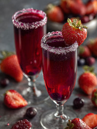 Two Glasses Of Red Wine With Sugar Rims Garnished With Strawberries And Blueberries On A Dark Surface Surrounded By Fresh Berries — Stock Photo