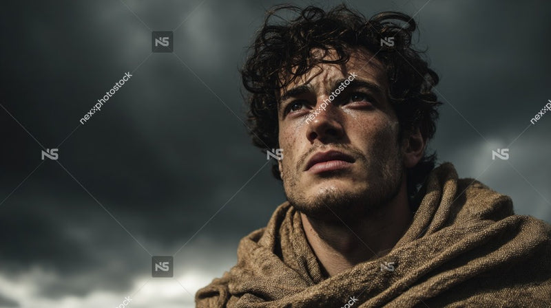 A Bearded Man Stands Amidst A Stormy Sky His Gaze Directed Off To The Side — Stock Photo