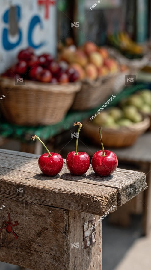 Two Cherries On A Wooden Table In A Market Setting With Various Fruits And Vegetables In The Background — Stock Photo