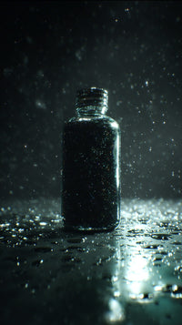 A Single Bottle Of Oil Stands Alone Amidst A Downpour Its Dark Contents Contrasting With The Surrounding Darkness — Stock Photo