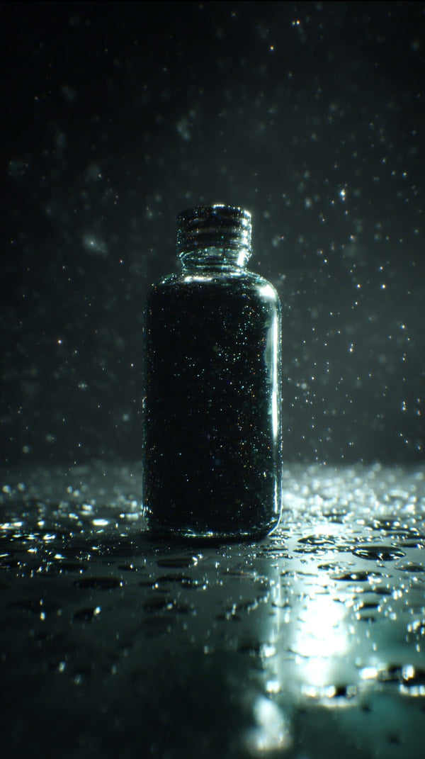 A Single Bottle Of Oil Stands Alone Amidst A Downpour Its Dark Contents Contrasting With The Surrounding Darkness — Stock Photo