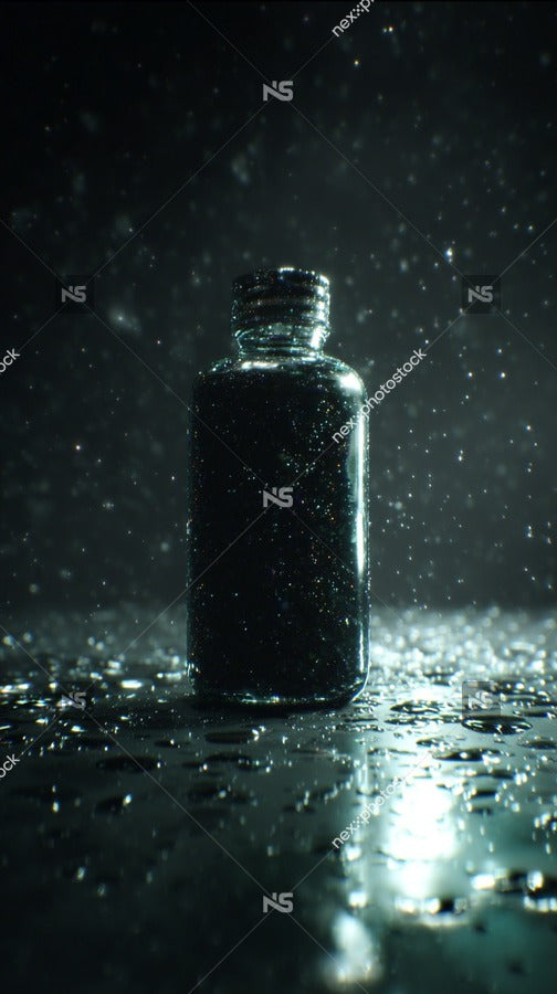 A Single Bottle Of Oil Stands Alone Amidst A Downpour Its Dark Contents Contrasting With The Surrounding Darkness — Stock Photo
