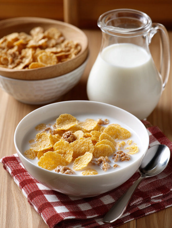 A Bowl Of Cereal With Milk A Carton Of Milk And A Jar Of Cereal On A Wooden Table — Stock Photo